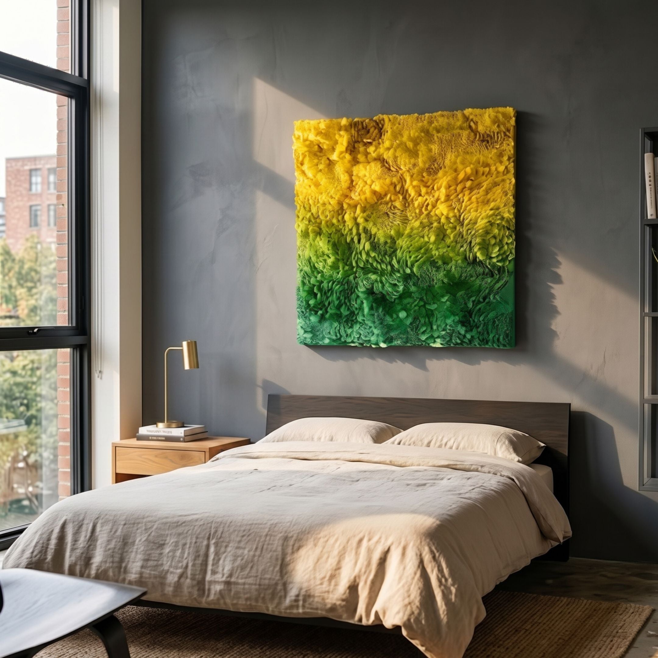 Auralith Lime Fade Layered Leather 3D Wall Art by Giant Sculptures displayed above a bed with linen bedding, wood headboard, and grey wall in a sunlit modern bedroom.