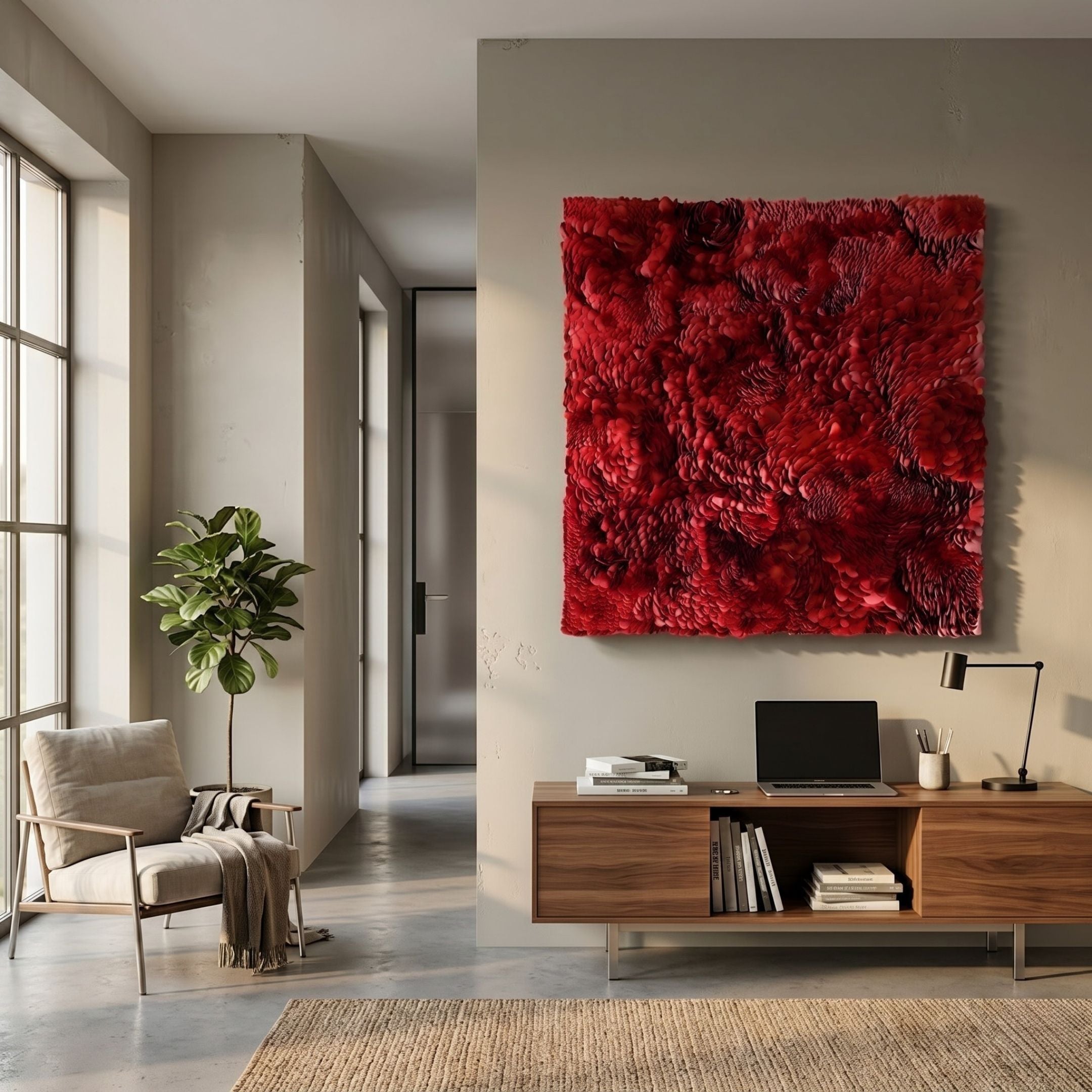 Auralith Crimson Layered Leather & Acrylic 3D Wall Art by Giant Sculptures mounted above a walnut console in a modern living room with armchair and plant.
