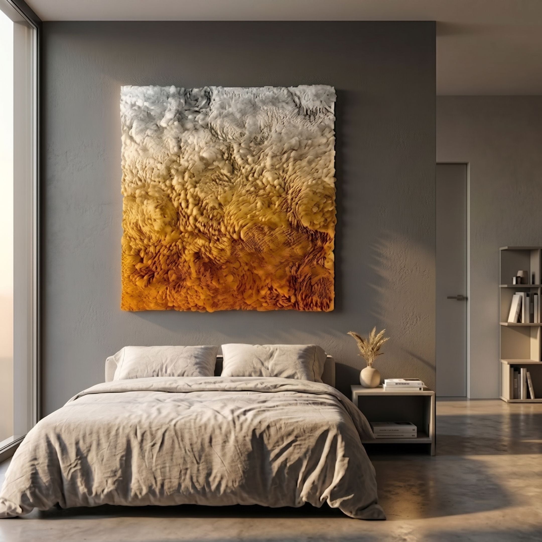 Auralith Amber Fade Layered Leather 3D Wall Art by Giant Sculptures displayed above a linen-dressed bed in a modern grey bedroom with concrete floor.