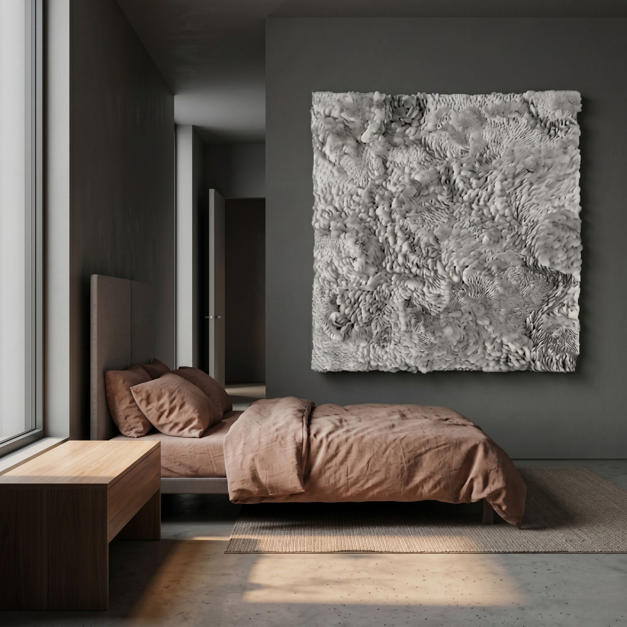 Auralith White Layered Leather 3D Wall Art mounted above a brown-linen bed in a modern grey bedroom with wood bench and concrete floor.