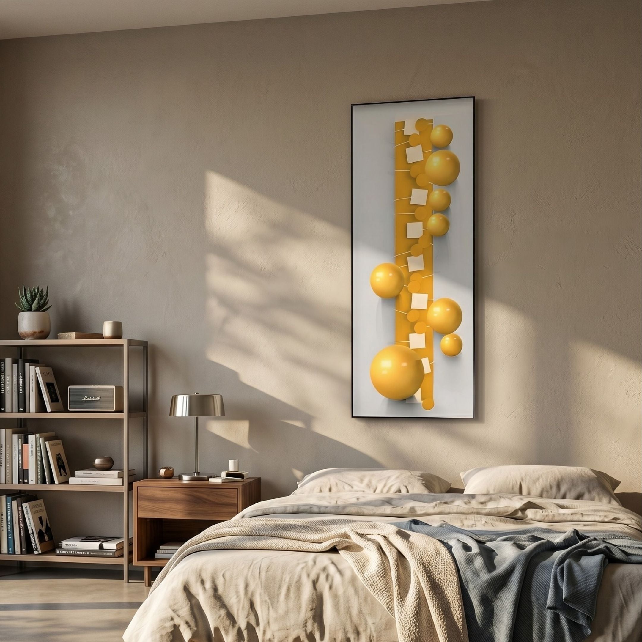 Orbevo White & Yellow Sphere Vertical 3D Acrylic Wall Art with glossy yellow spheres and orange stripe, mounted above a bed beside a timber nightstand.