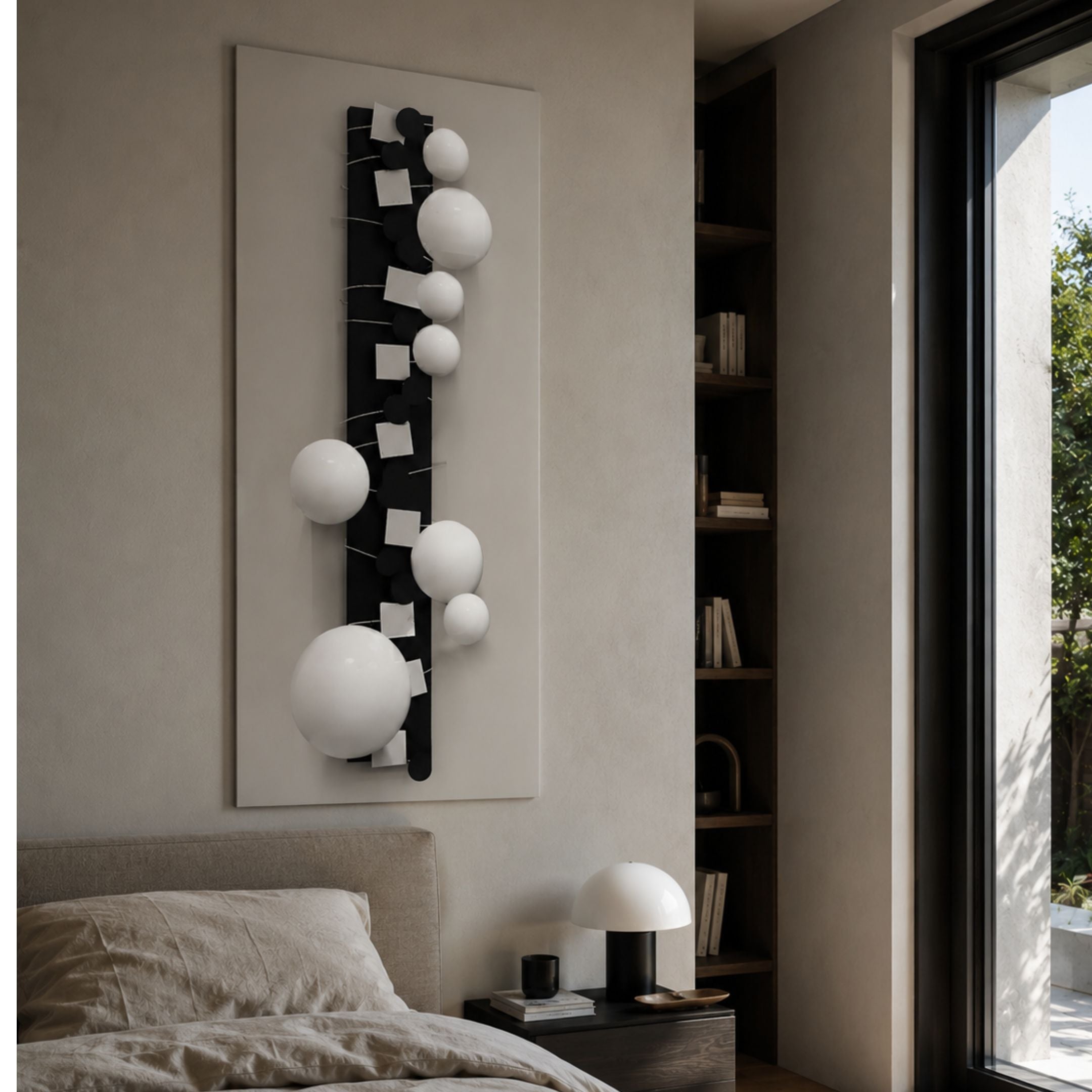 Orbevo Black & White Sphere Vertical 3D Acrylic Wall Art by Giant Sculptures displayed above a bedside table beside a bed and dark wood bookshelf.