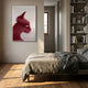 Panthra Crimson Red Acrylic Stripe 3D Wall Art by Giant Sculptures displaying a panther silhouette through vertical ribs, mounted in a bedroom above a linen-dressed bed.