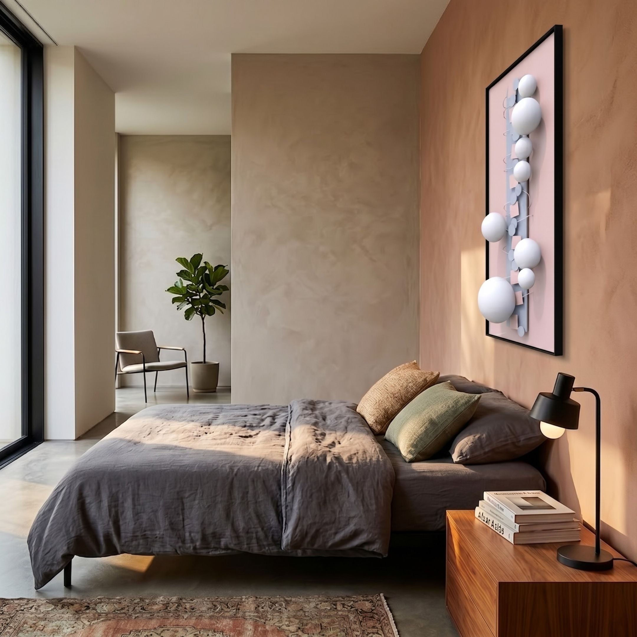 Orbevo Pink & White Sphere Vertical 3D Acrylic Wall Art by Giant Sculptures mounted on a terracotta bedroom wall above a bed with grey linen and a black lamp.