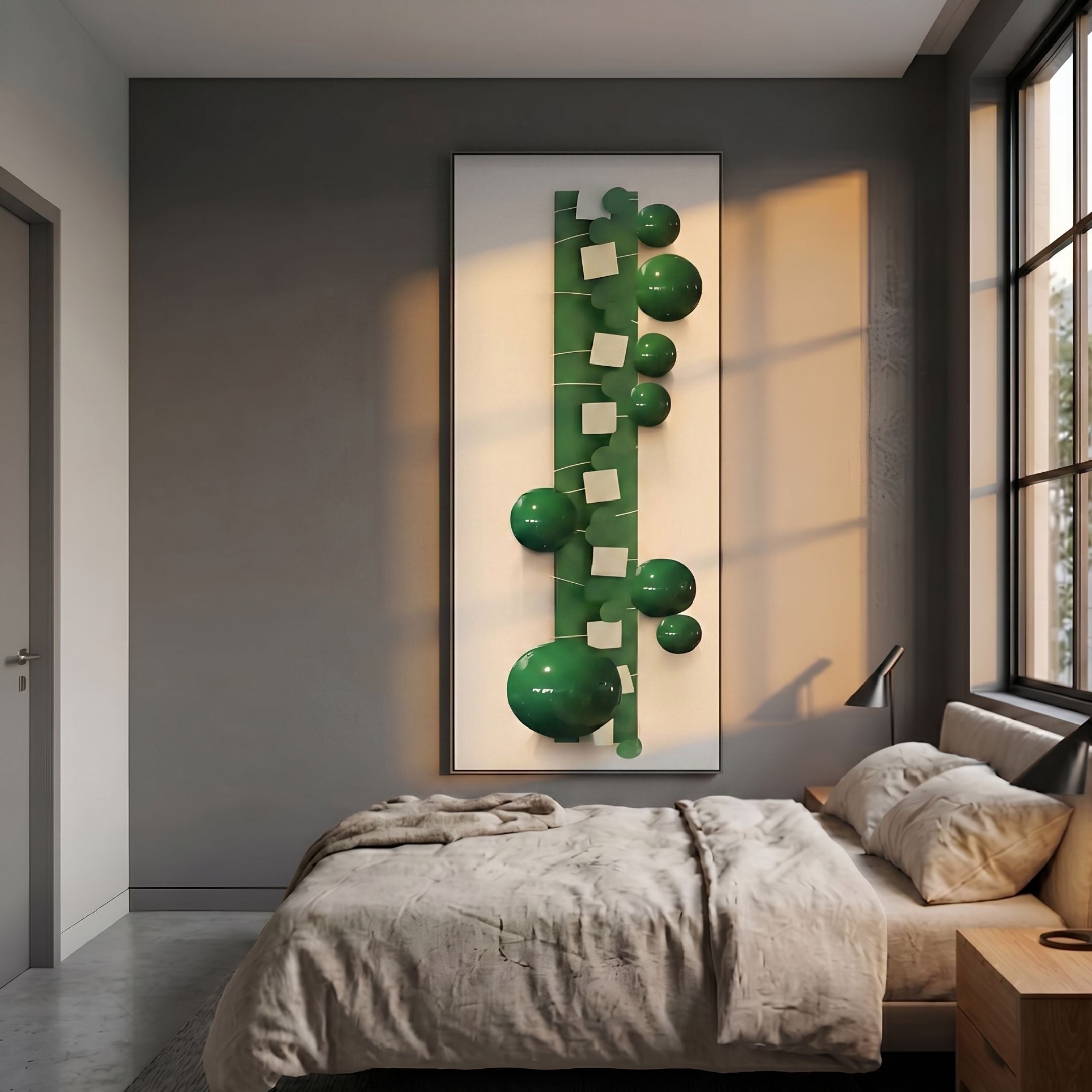 Orbevo White & Green Sphere Vertical 3D Acrylic Wall Art by Giant Sculptures mounted above a linen-dressed bed in a grey-walled bedroom with large windows.