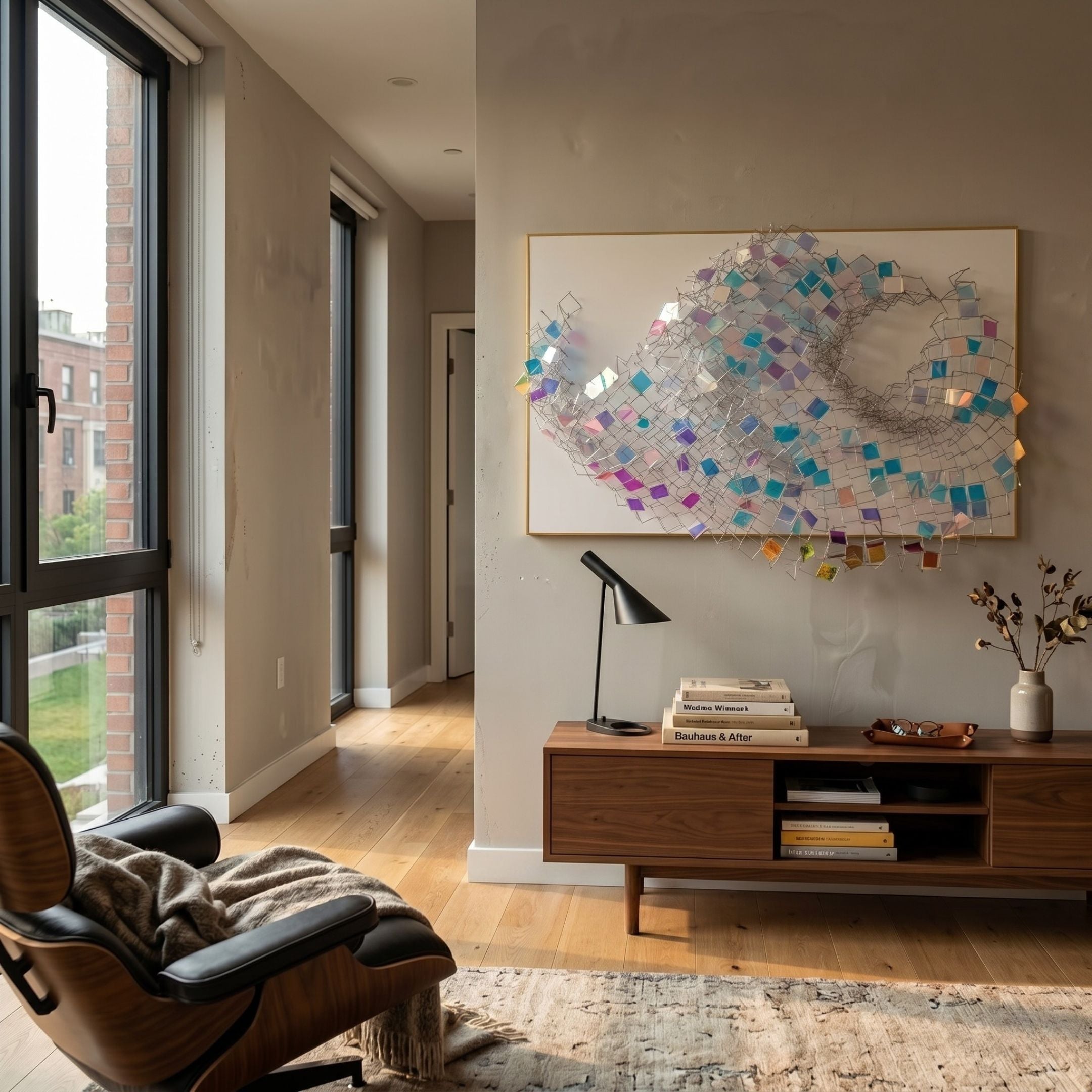 Prismara Sky Curl Iridescent Mesh 3D Acrylic Wall Art by Giant Sculptures displayed above a walnut console in a modern living room with Eames lounge chair.