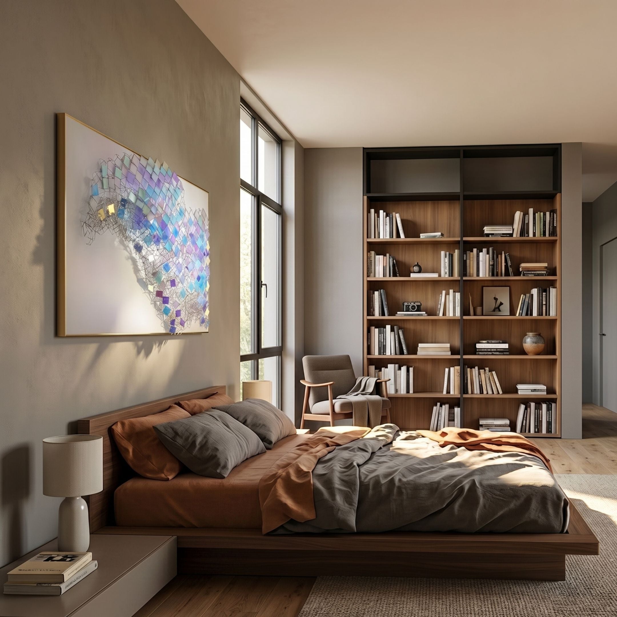 Prismara Azure Wave Iridescent Mesh 3D Acrylic Wall Art in a gold frame above a wooden platform bed, beside a tall walnut bookshelf in a modern bedroom.