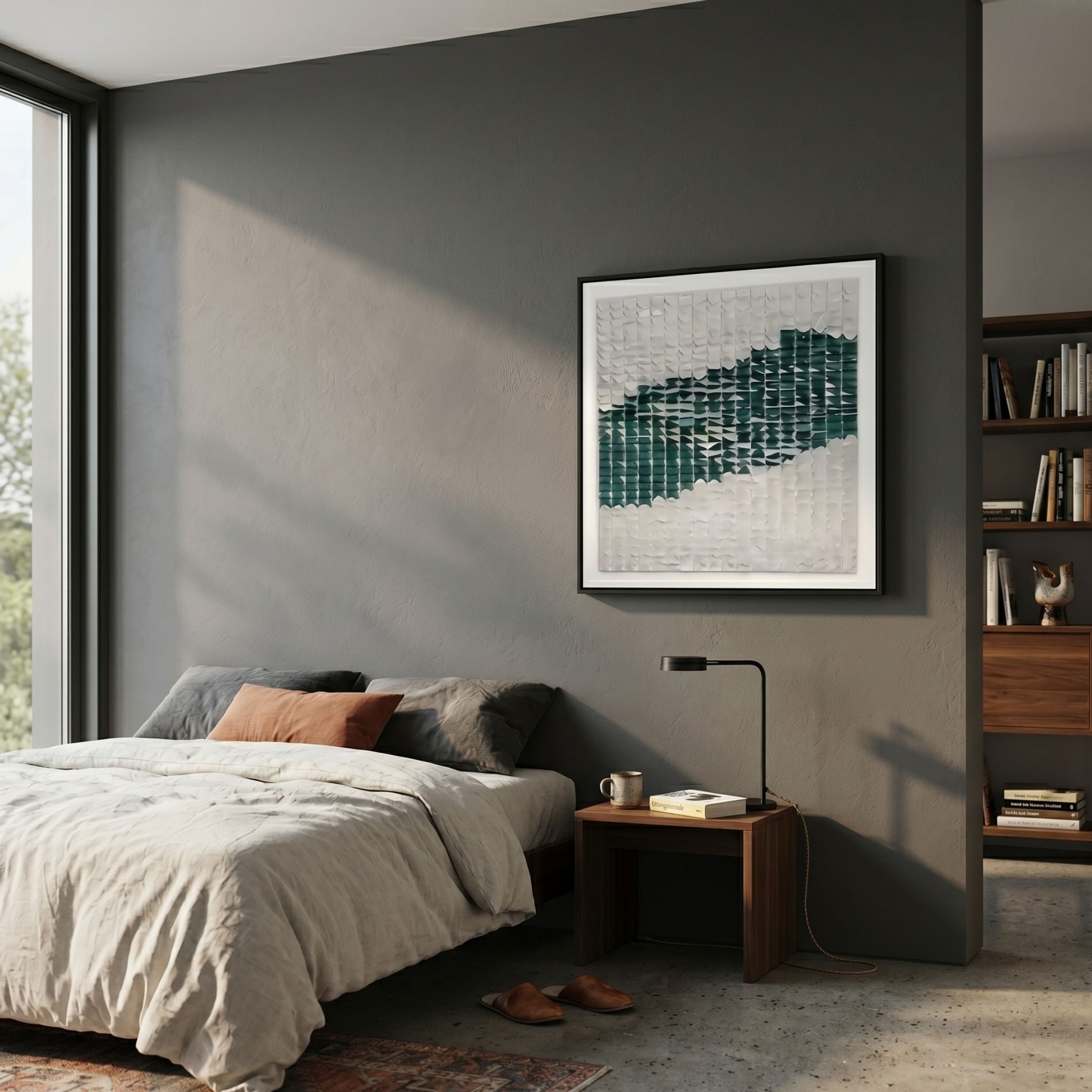 Fractura Emerald Green Square 3D Acrylic Wall Art by Giant Sculptures displayed above a wooden nightstand in a grey-walled modern bedroom with bookshelf.