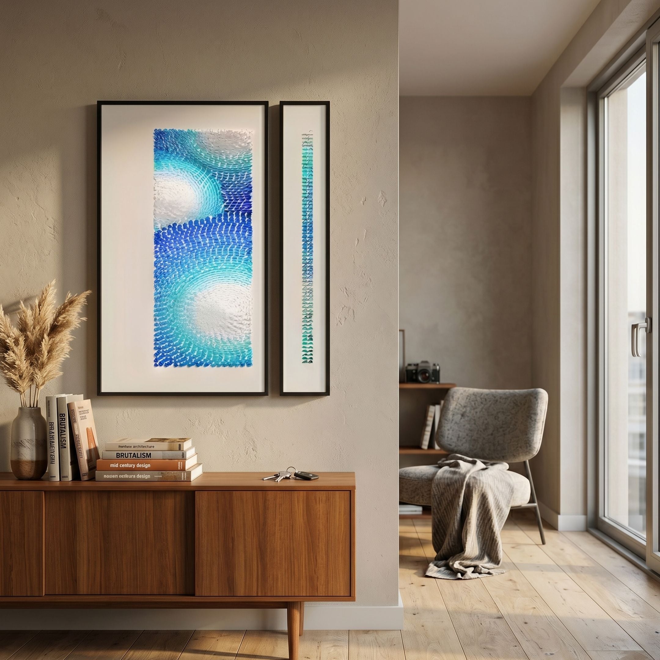 Virelium 2-Set Azure Gradient II Acrylic 3D Wall Art in black frames above a walnut sideboard with pampas grass and books in a sunlit hallway.