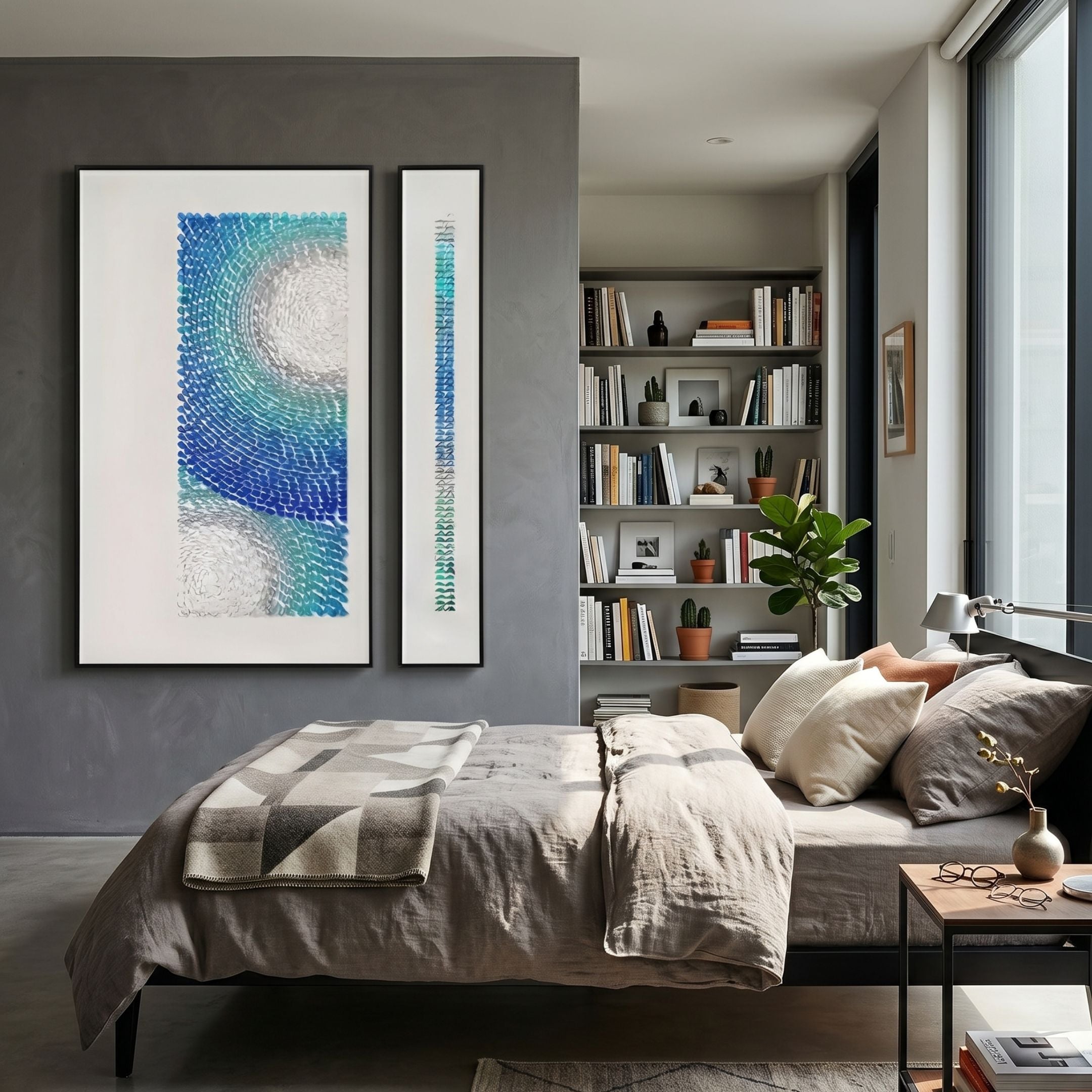 Virelium 2-Set Azure Gradient I Acrylic 3D Wall Art by Giant Sculptures displayed above a linen-dressed bed in a modern grey bedroom with bookshelf.