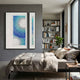 Virelium 2-Set Azure Gradient I Acrylic 3D Wall Art by Giant Sculptures displayed above a linen-dressed bed in a modern grey bedroom with bookshelf.
