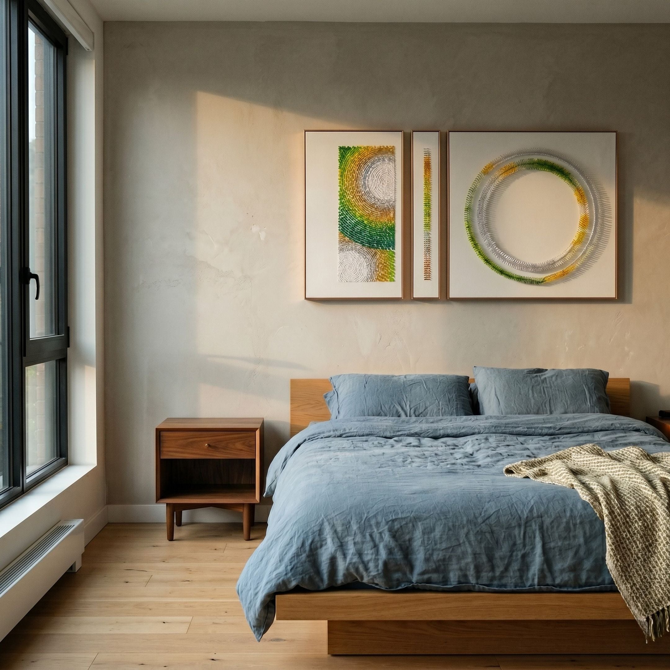 Virelium 3-Set Verdant Gradient Double Ring I Acrylic 3D Wall Art by Giant Sculptures displayed above a wood bed with blue linens in a sunlit bedroom.
