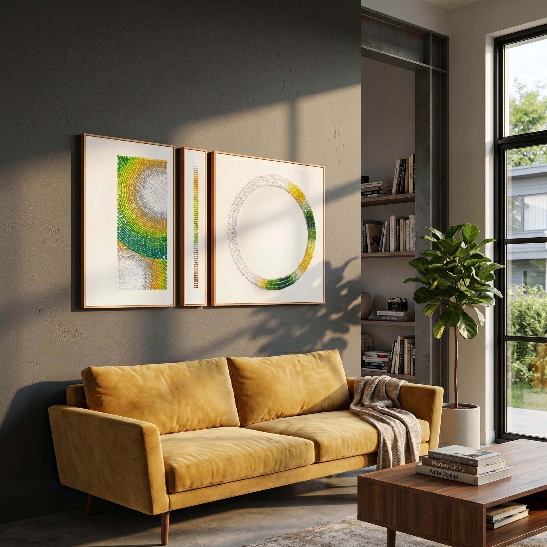 Virelium 3-Set Verdant Gradient Single Ring Acrylic 3D Wall Art by Giant Sculptures displayed above a mustard velvet sofa in a sunlit modern living room.
