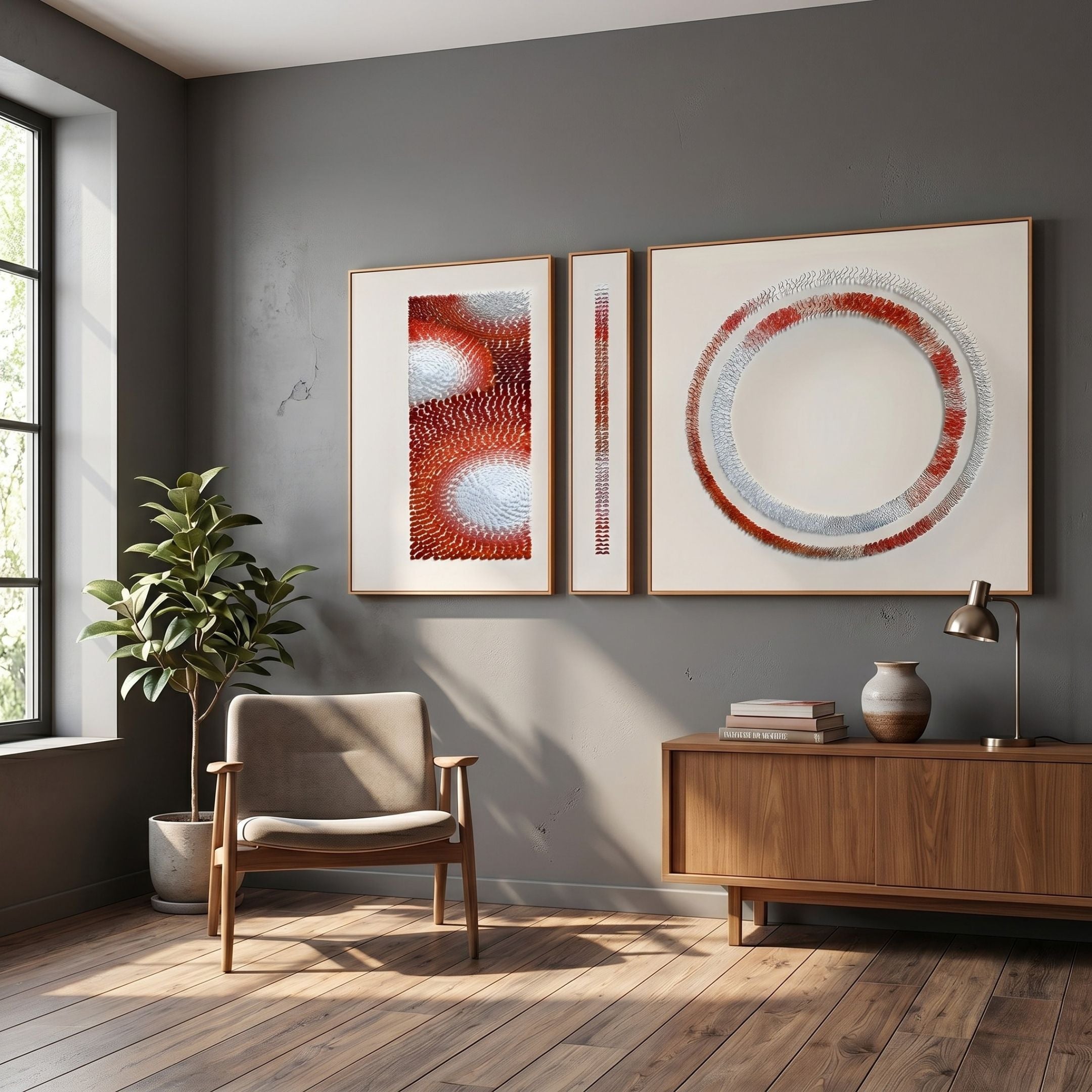 Virelium 3-Set Flame Gradient Double Ring II Acrylic 3D Wall Art by Giant Sculptures displayed above a walnut sideboard in a grey-walled living room with armchair.