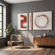 Virelium 3-Set Flame Gradient Double Ring II Acrylic 3D Wall Art by Giant Sculptures displayed above a walnut sideboard in a grey-walled living room with armchair.