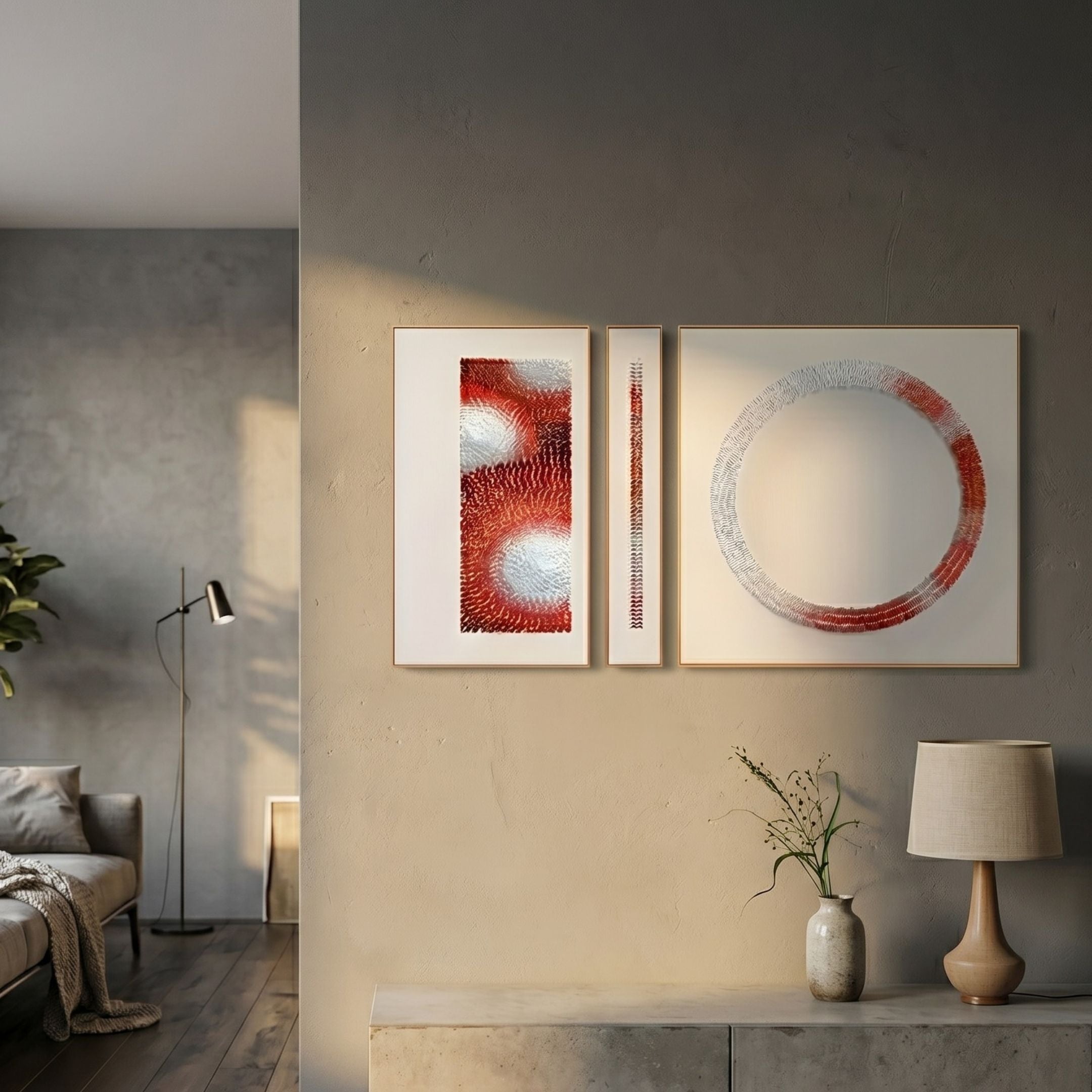 Virelium 3-Set Flame Gradient Single Ring II Acrylic 3D Wall Art by Giant Sculptures displayed on a beige wall above a console with vase and lamp in a modern living room.