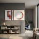 Virelium 3-Set Flame Gradient Single Ring Acrylic 3D Wall Art by Giant Sculptures displayed above a wooden console in a modern grey living room near a staircase.