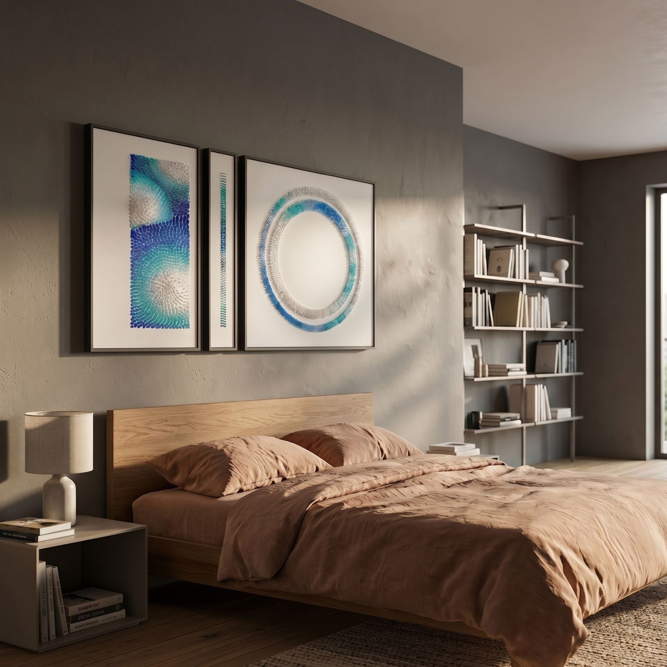 Virelium 3-Set Azure Gradient Double Ring II Acrylic 3D Wall Art by Giant Sculptures displayed above a wooden bed in a modern bedroom with bookshelf.