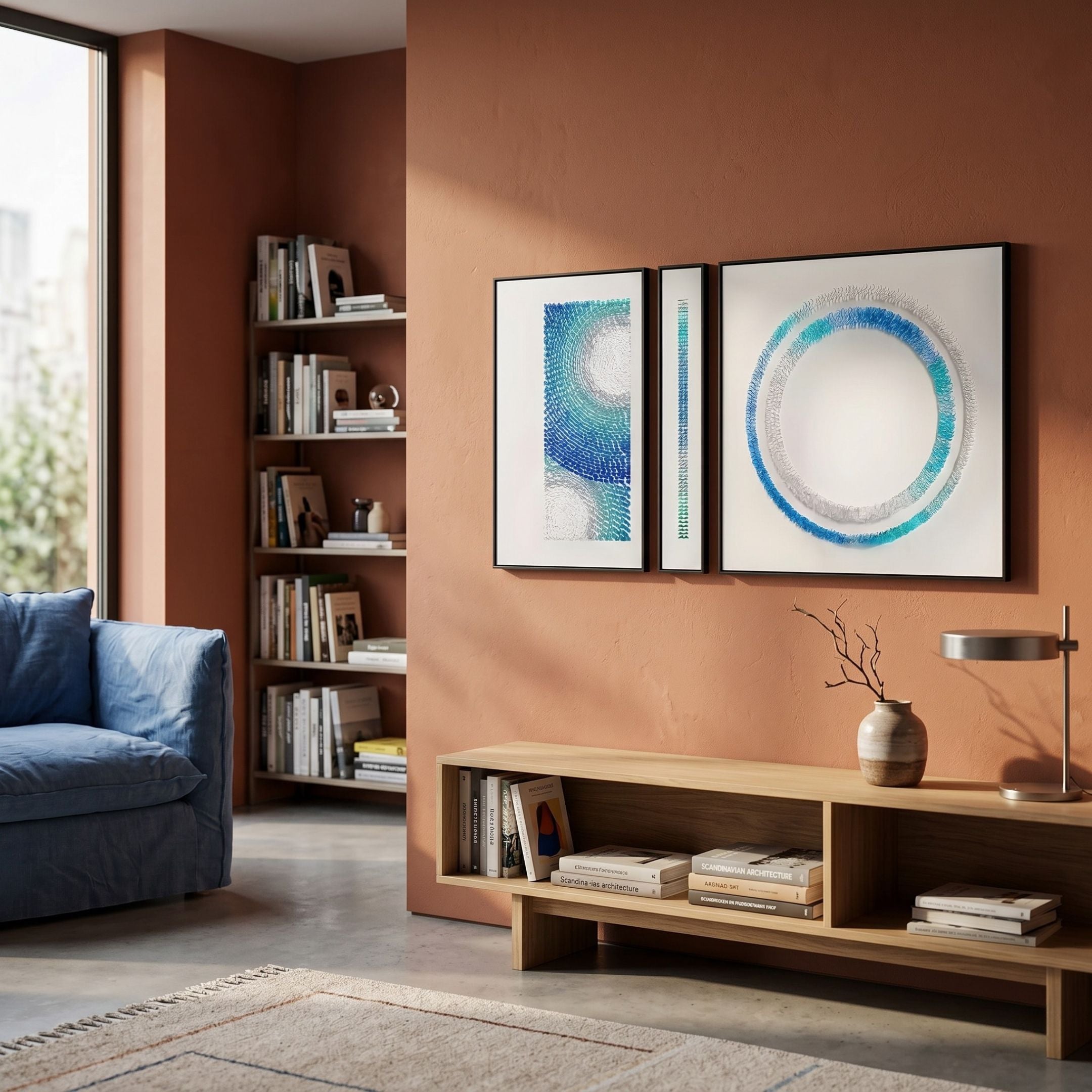 Virelium 3-Set Azure Gradient Double Ring Acrylic 3D Wall Art by Giant Sculptures displayed on a terracotta wall above a wooden console in a modern living room.