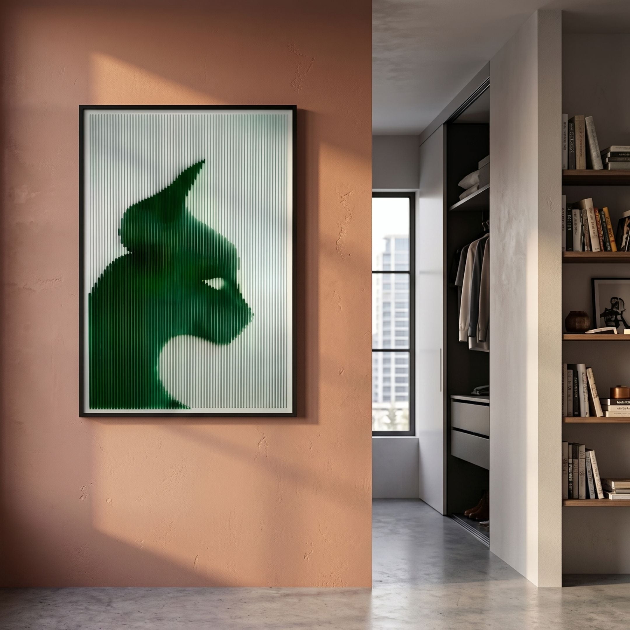 Panthra Emerald Green Acrylic Stripe 3D Wall Art by Giant Sculptures, framed panther silhouette mounted on a terracotta wall beside a hallway with closet and bookshelves.