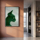 Panthra Emerald Green Acrylic Stripe 3D Wall Art by Giant Sculptures, framed panther silhouette mounted on a terracotta wall beside a hallway with closet and bookshelves.