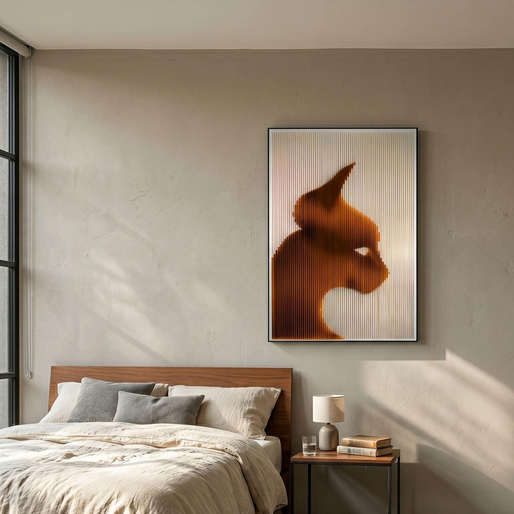 Panthra Ember Orange Acrylic Stripe 3D Wall Art by Giant Sculptures, featuring a ridged feline profile in slim black frame, mounted above a wooden bed.