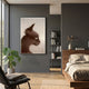 Panthra Cocoa Brown Acrylic Stripe 3D Wall Art by Giant Sculptures displayed on a dark grey bedroom wall beside a monstera plant, bookshelf, and walnut bed.