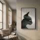 Panthra Shadow Black Acrylic Stripe 3D Wall Art by Giant Sculptures, panther silhouette behind vertical ridges, mounted in a sunlit room above a linen armchair.