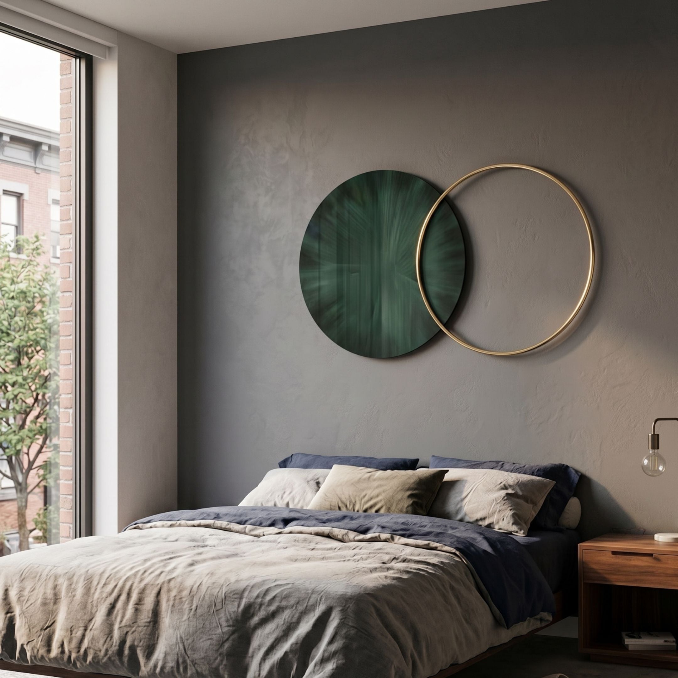 Auricara Deep Teal Disc & Metal Ring 3D Wall Art by Giant Sculptures mounted above a bed with navy and linen bedding in a modern grey bedroom.