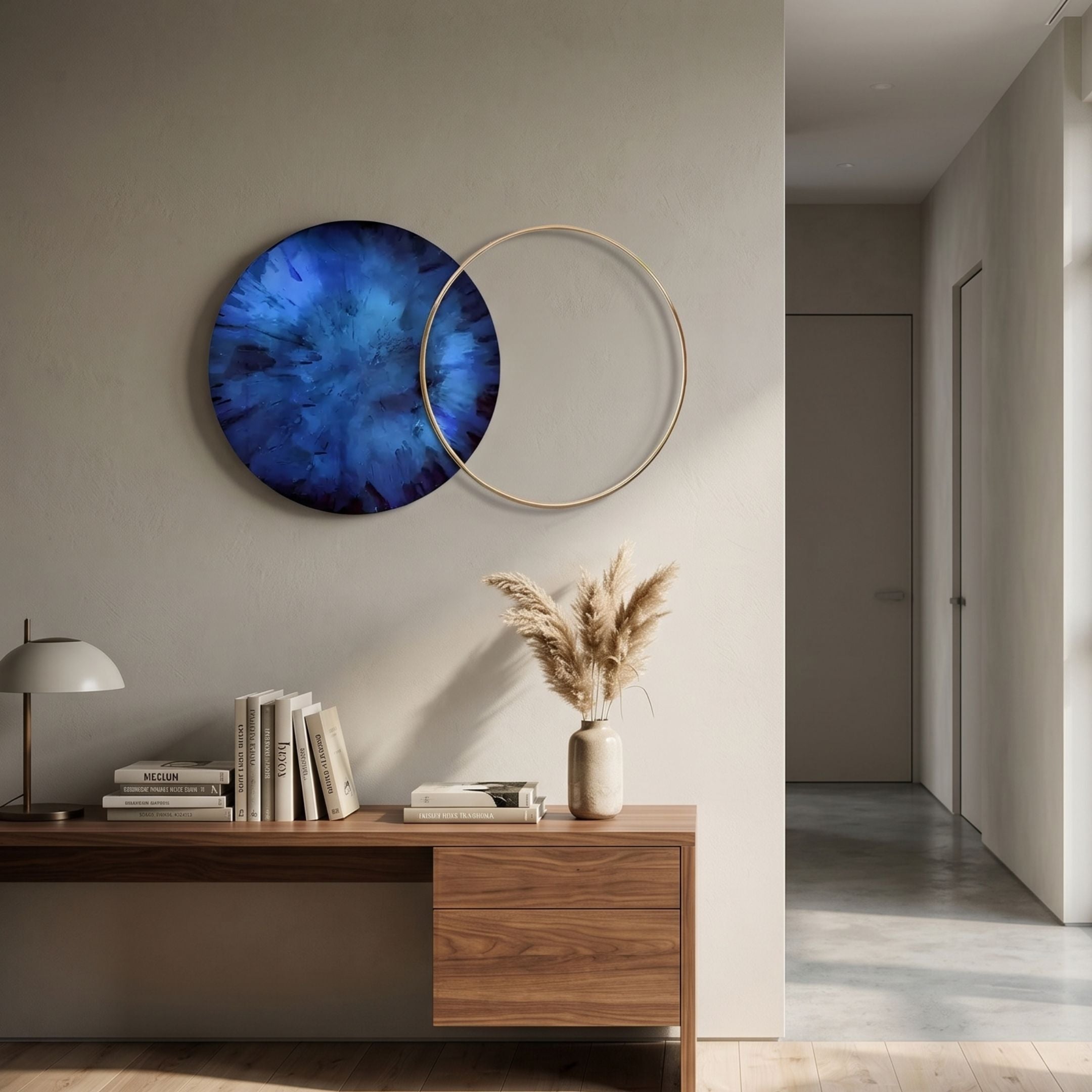 Auricara Cobalt Blue Disc & Metal Ring 3D Wall Art by Giant Sculptures displayed above a walnut console with books and pampas grass in a hallway.
