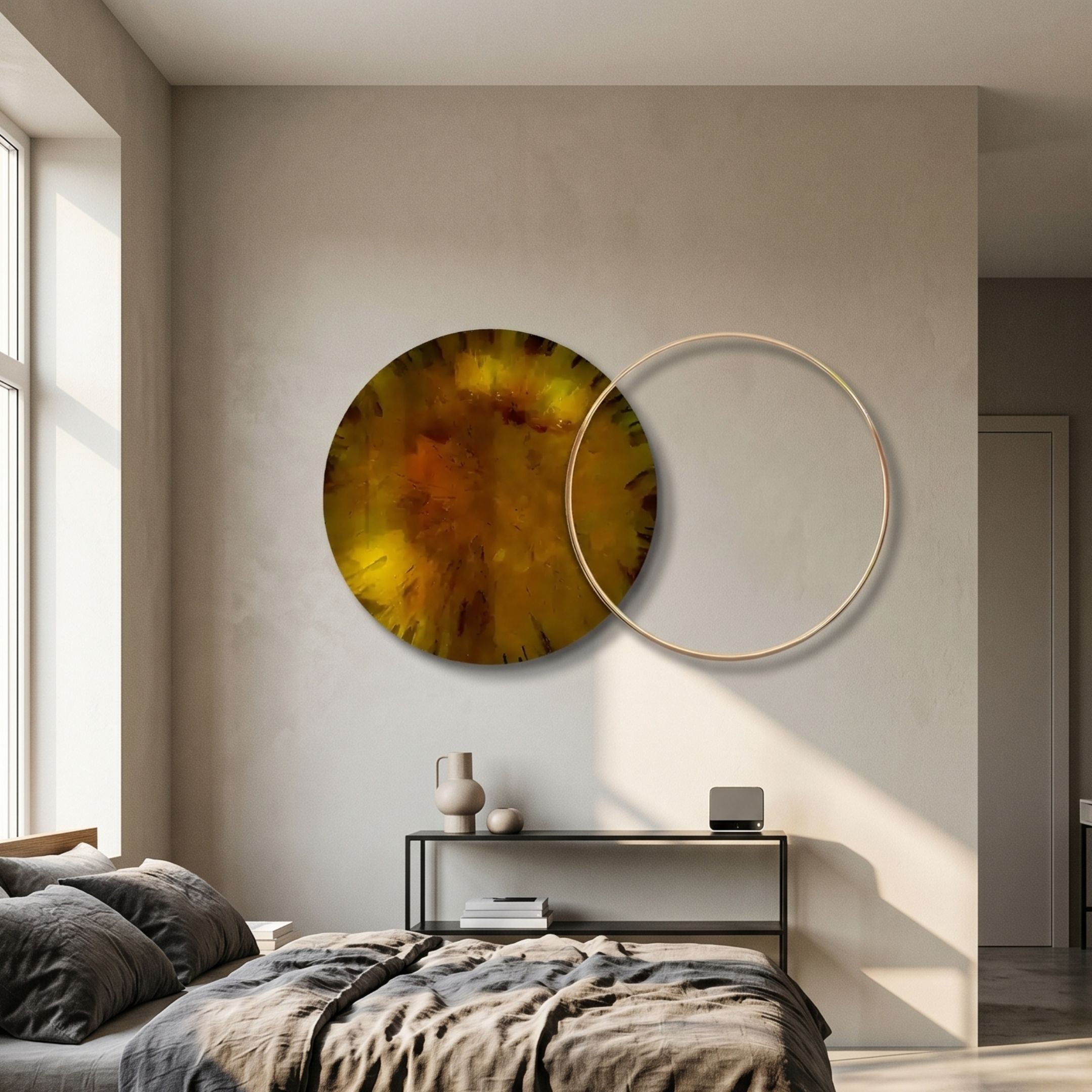 Auricara Amber Disc & Metal Ring 3D Wall Art by Giant Sculptures, amber acrylic disc paired with gold ring, displayed above a console in a bedroom.