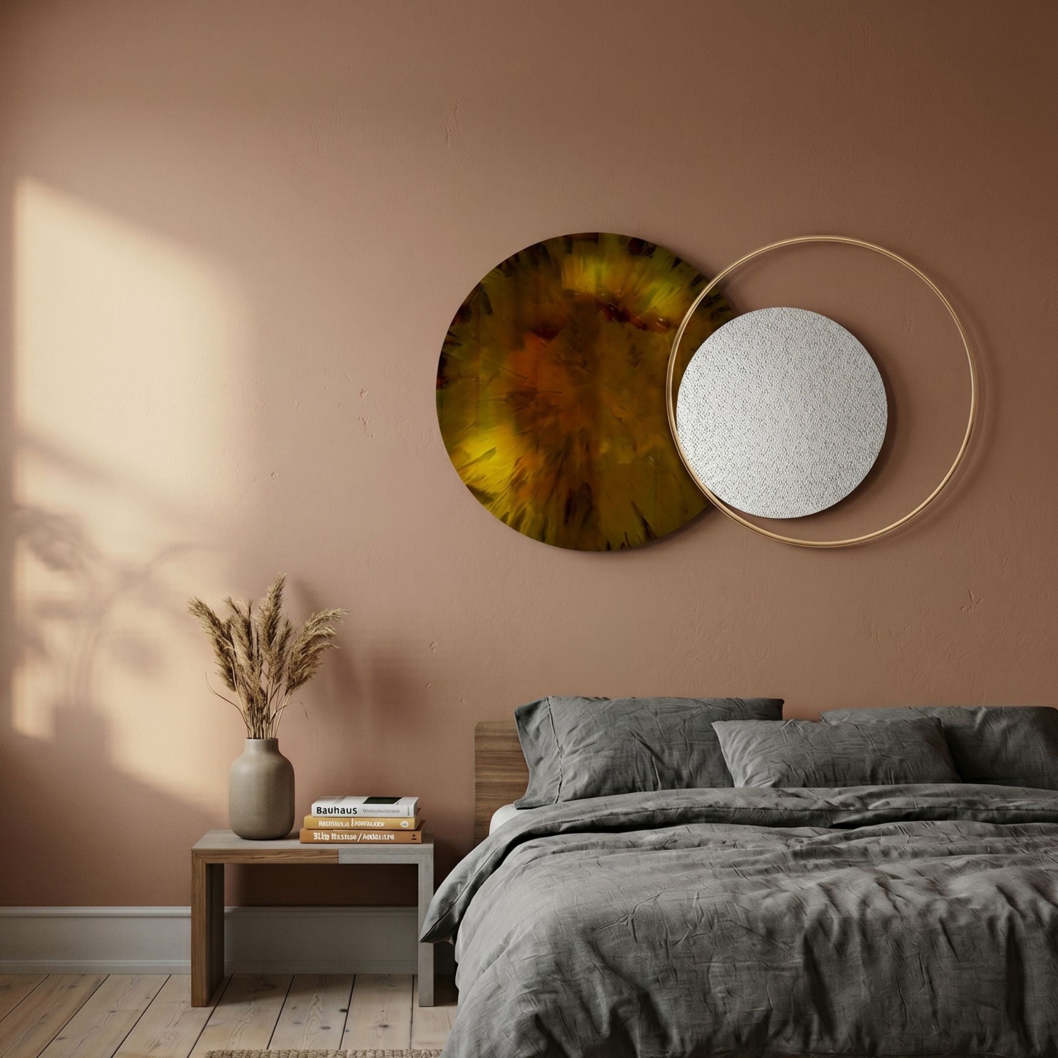 Auricara Amber White Disc & Metal Ring 3D Wall Art by Giant Sculptures mounted above a grey-linen bed and timber nightstand against a warm blush wall.