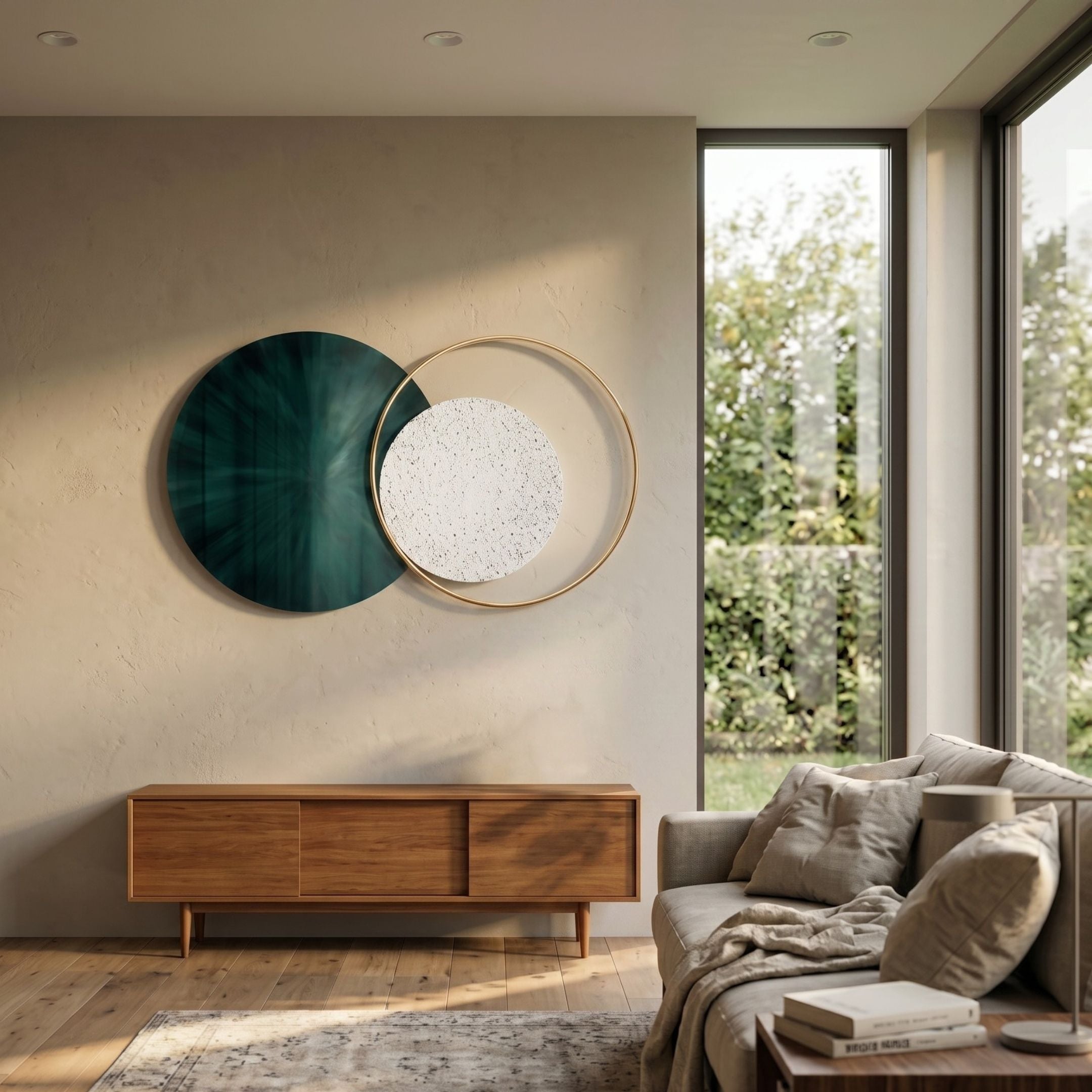 Auricara Deep Teal White Disc & Metal Ring 3D Wall Art by Giant Sculptures displayed above a wooden sideboard in a sunlit living room beside a linen sofa.