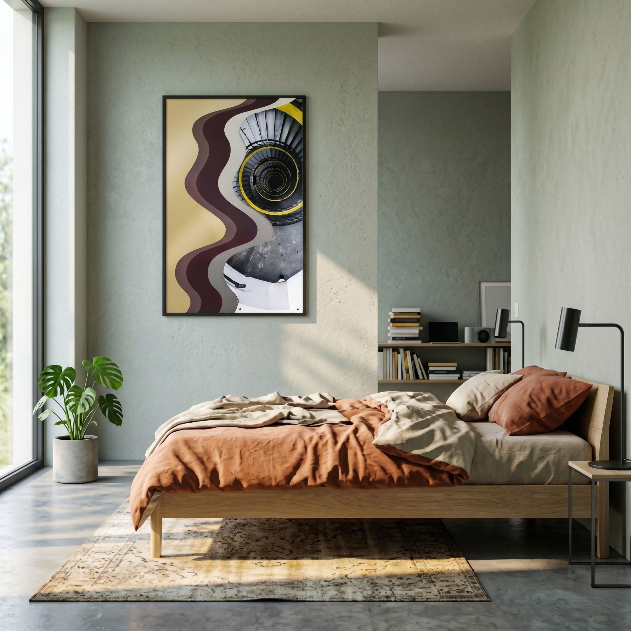 Veridra Spiral Stair V Acrylic & Metal 3D Wall Art with gold, burgundy and cream waves above a sage bedroom with terracotta linen bed and monstera.