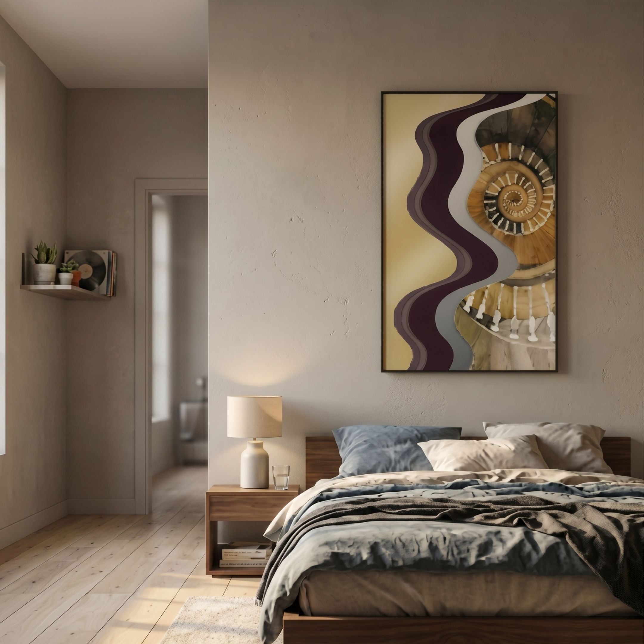 Veridra Spiral Stair II Acrylic & Metal 3D Wall Art by Giant Sculptures with wavy purple, gray and gold layers above a wooden bed and nightstand in a neutral bedroom.