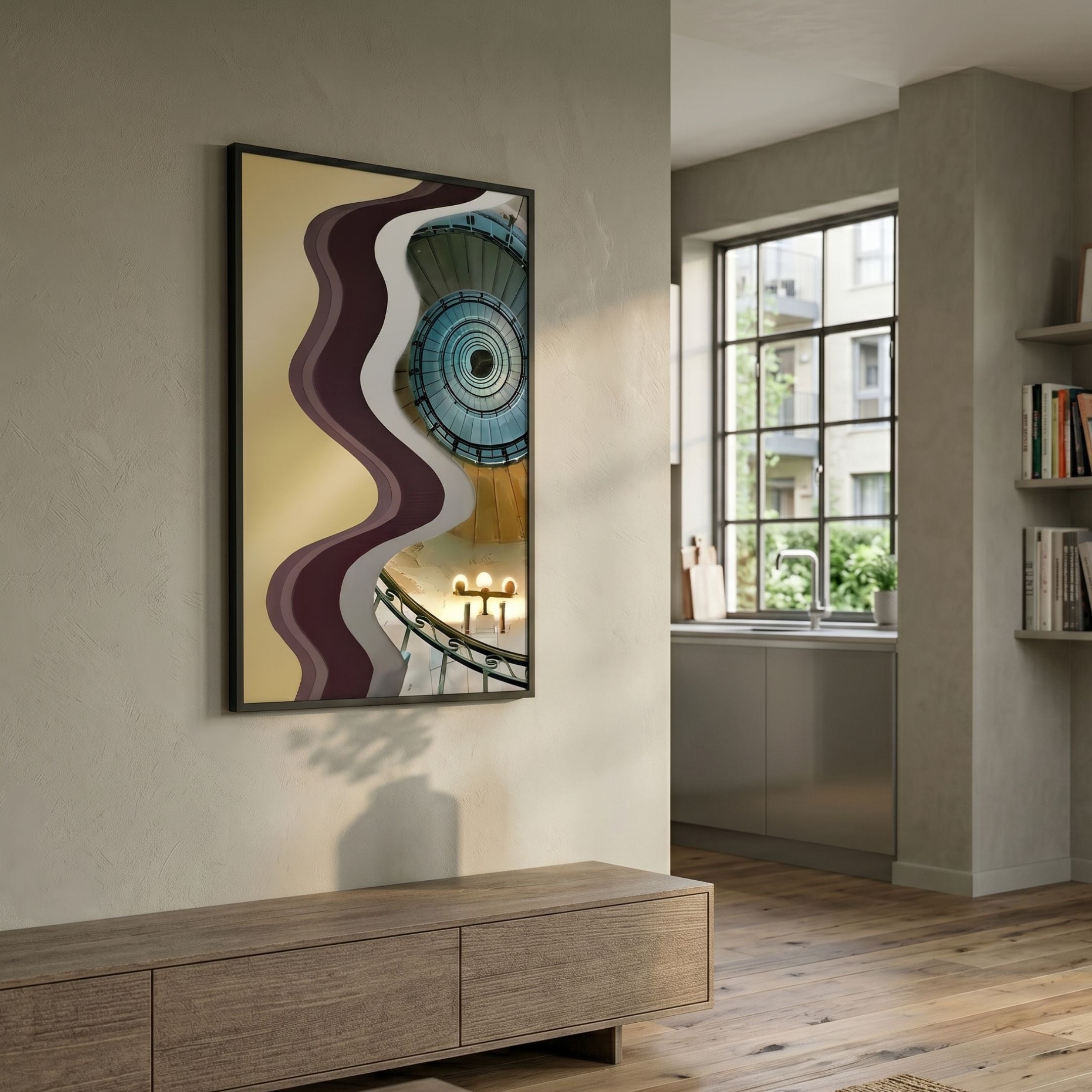 Veridra Spiral Stair Acrylic & Metal 3D Wall Art by Giant Sculptures, with teal staircase photo and burgundy, ivory, gold waves, in a modern hallway.