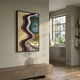 Veridra Spiral Stair Acrylic & Metal 3D Wall Art by Giant Sculptures, with teal staircase photo and burgundy, ivory, gold waves, in a modern hallway.