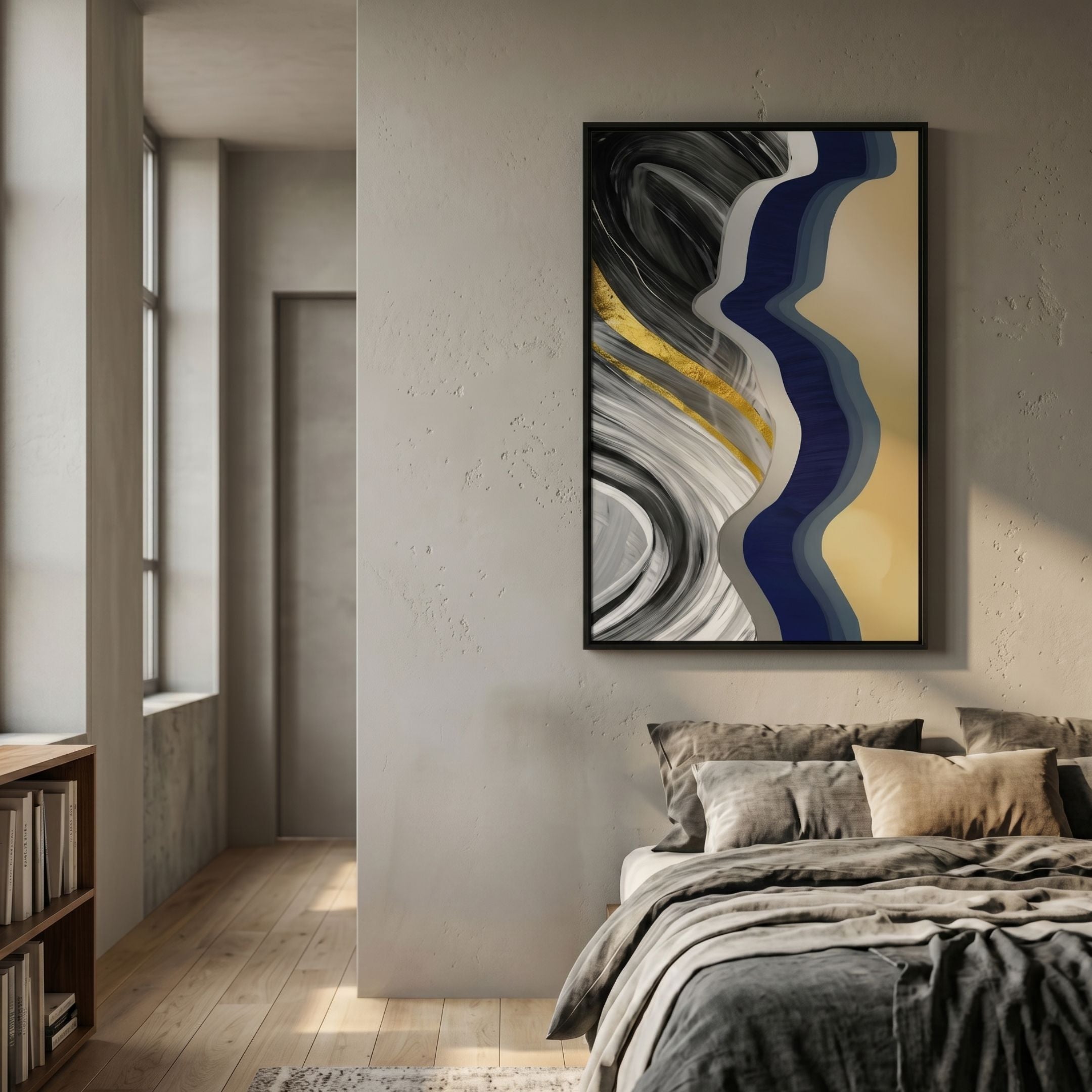 Veridra Monochrome Wave & Gold Ribbon Acrylic 3D Wall Art with black, grey, navy, and gold curves, mounted above a bed in a sunlit plaster bedroom.