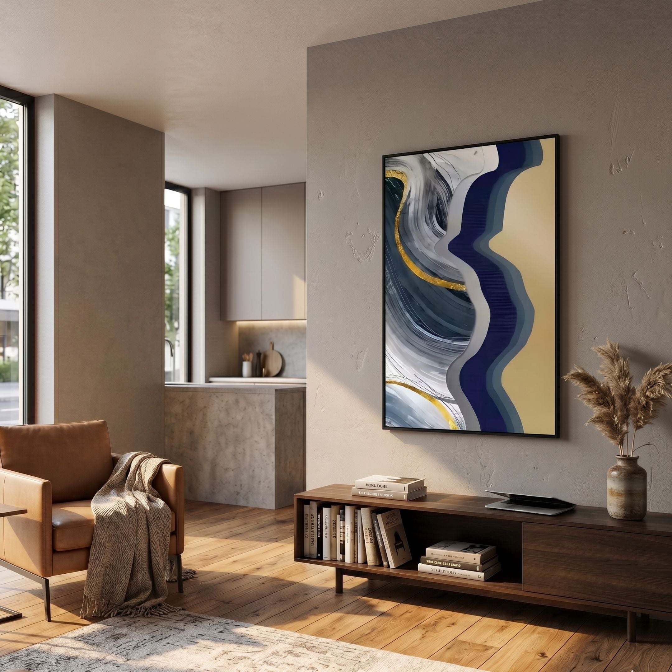 Veridra Grey-Blue Wave & Gold Ribbon Acrylic 3D Wall Art by Giant Sculptures displayed on a beige wall above a walnut console in a modern living room.