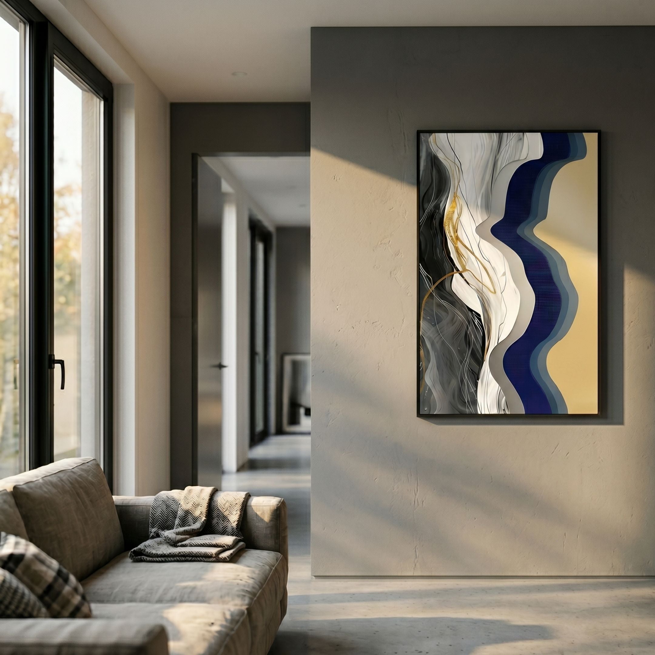 Veridra Black & Gold Flow Acrylic 3D Wall Art by Giant Sculptures mounted on a grey hallway wall above a linen sofa, with navy, beige, black, white, and gold waves.