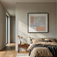 Terracube XI Hand-Painted Framed Acrylic 3D Wall Art by Giant Sculptures with grey textured panel and peach cube grids, hung above a bed and wooden nightstand.