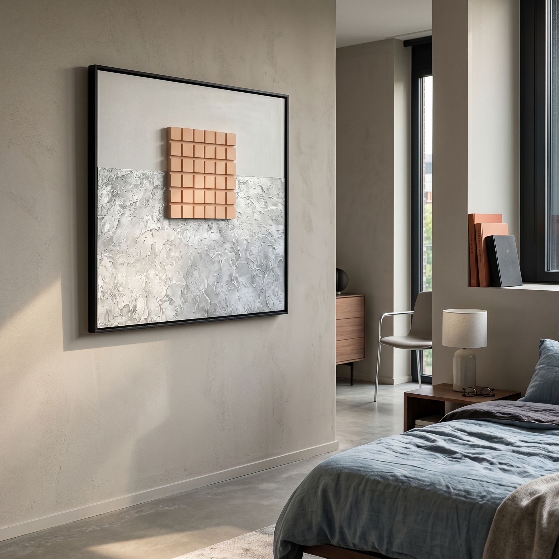 Terracube X Hand-Painted Framed Acrylic 3D Wall Art by Giant Sculptures, peach cube grid on textured grey panel in black frame, displayed in a modern bedroom.