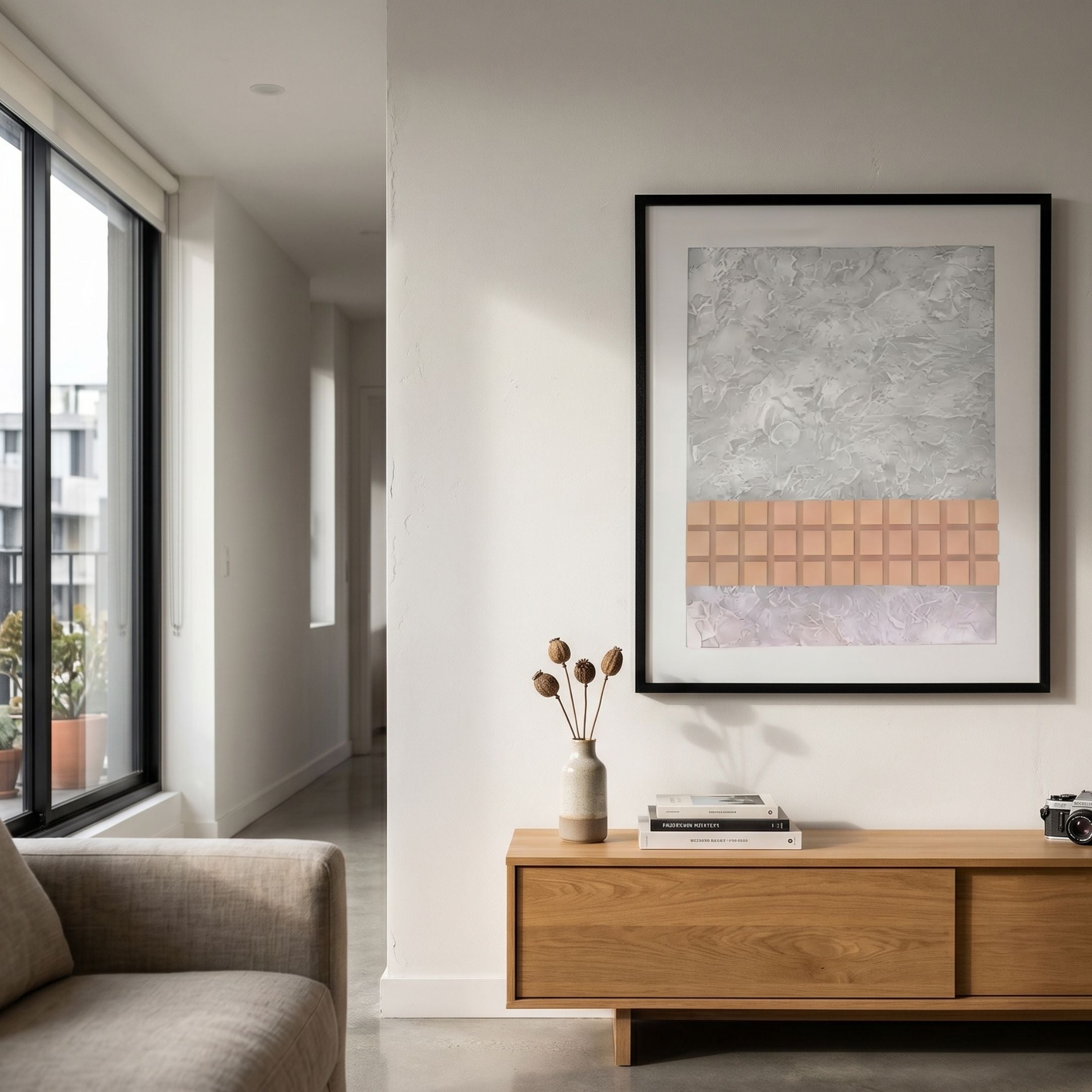 Terracube IX Hand-Painted Framed Acrylic 3D Wall Art by Giant Sculptures displayed above an oak console in a modern living room with a window view.