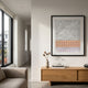 Terracube IX Hand-Painted Framed Acrylic 3D Wall Art by Giant Sculptures displayed above an oak console in a modern living room with a window view.