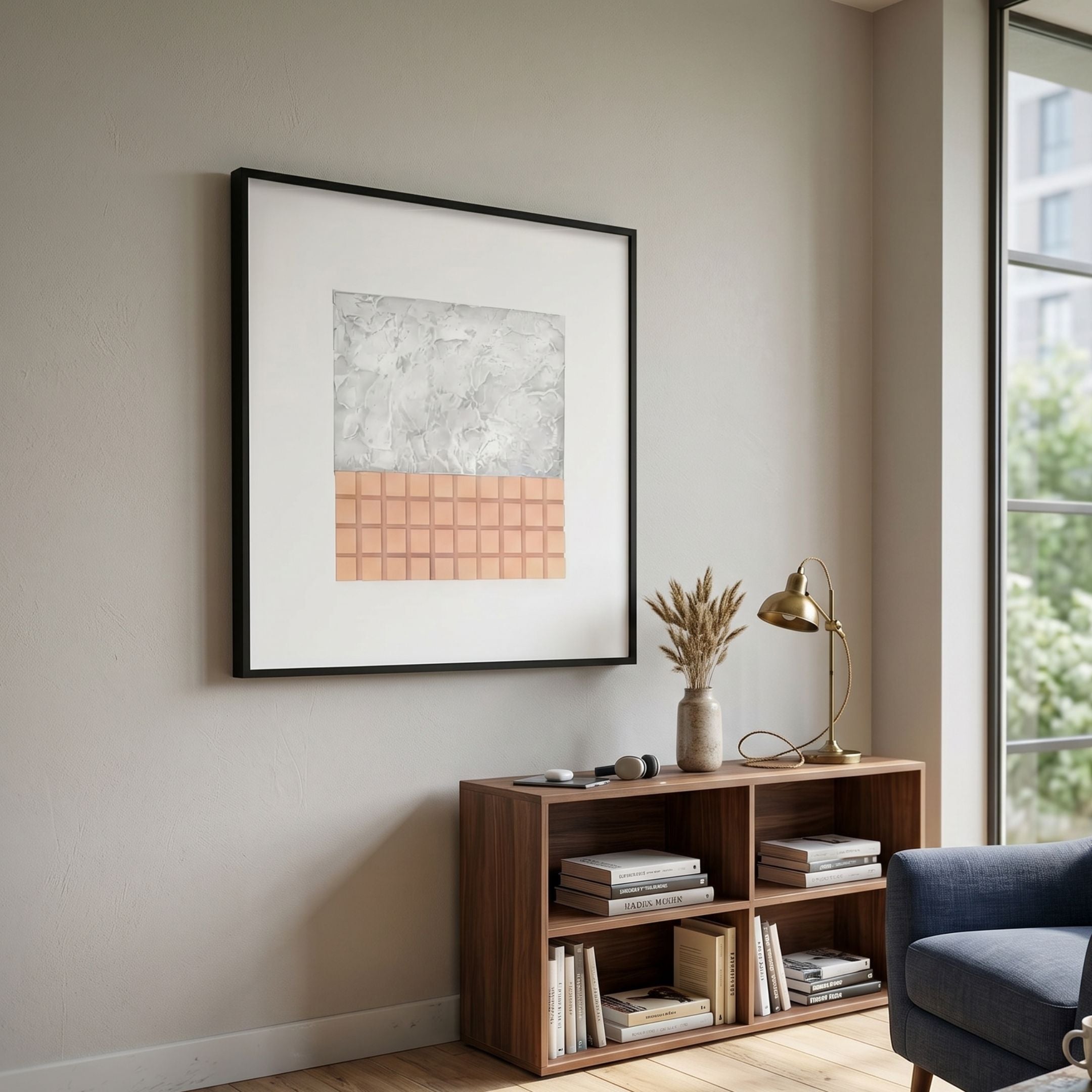 Terracube VII Hand-Painted Framed Acrylic 3D Wall Art by Giant Sculptures with grey brushstrokes and peach cube grid, displayed above a walnut bookshelf in a living room.