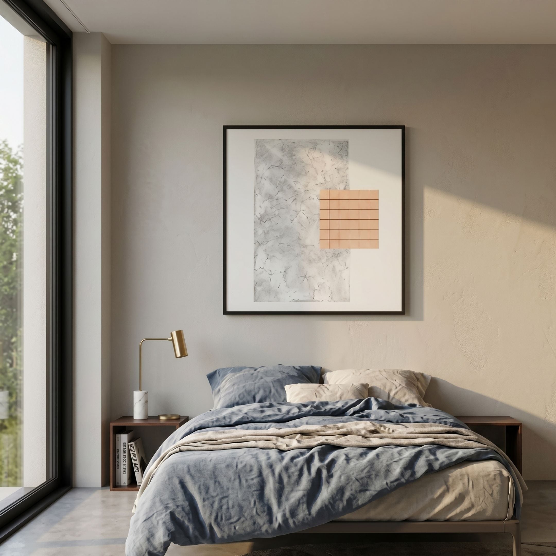 Terracube VI Hand-Painted Framed Acrylic 3D Wall Art by Giant Sculptures, with grey painted ground and peach cube grid, hung above a blue-linen bed.