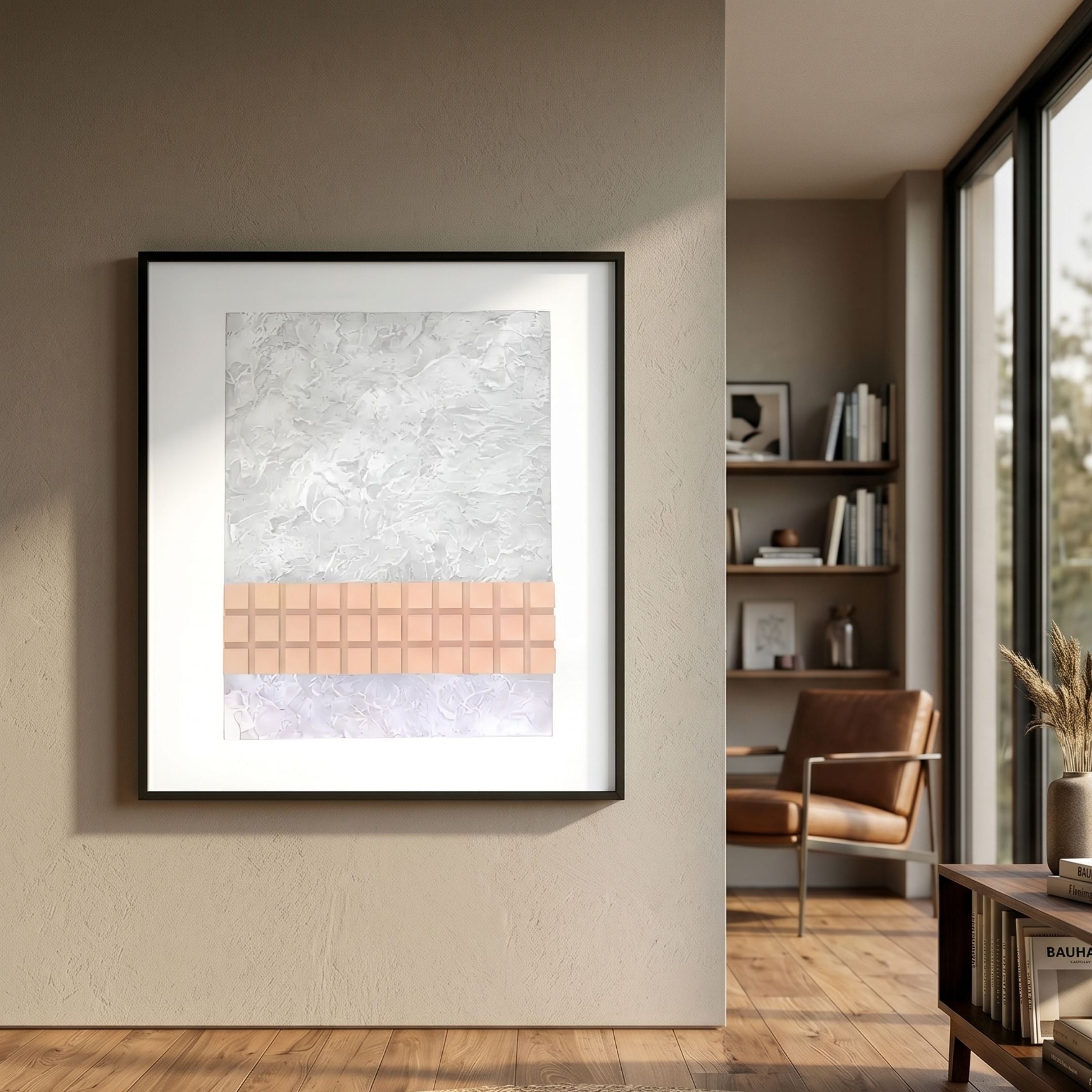 Terracube V Hand-Painted Framed Acrylic 3D Wall Art by Giant Sculptures, with textured grey ground and peach cube band, displayed in a sunlit modern living room.
