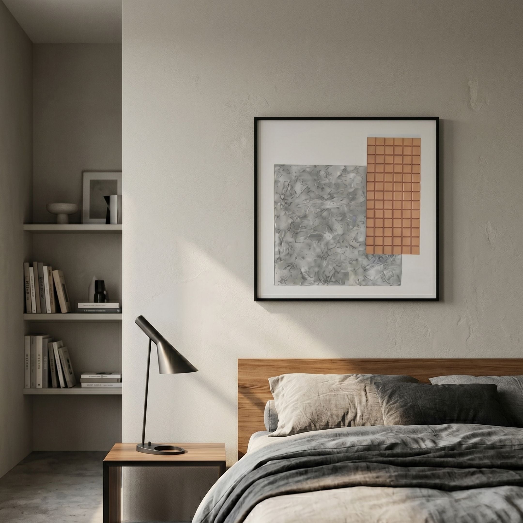 Terracube II Hand-Painted Framed Acrylic 3D Wall Art by Giant Sculptures, with grey brushstroke panel and peach cube grid, hung above a wooden bed in a modern bedroom.