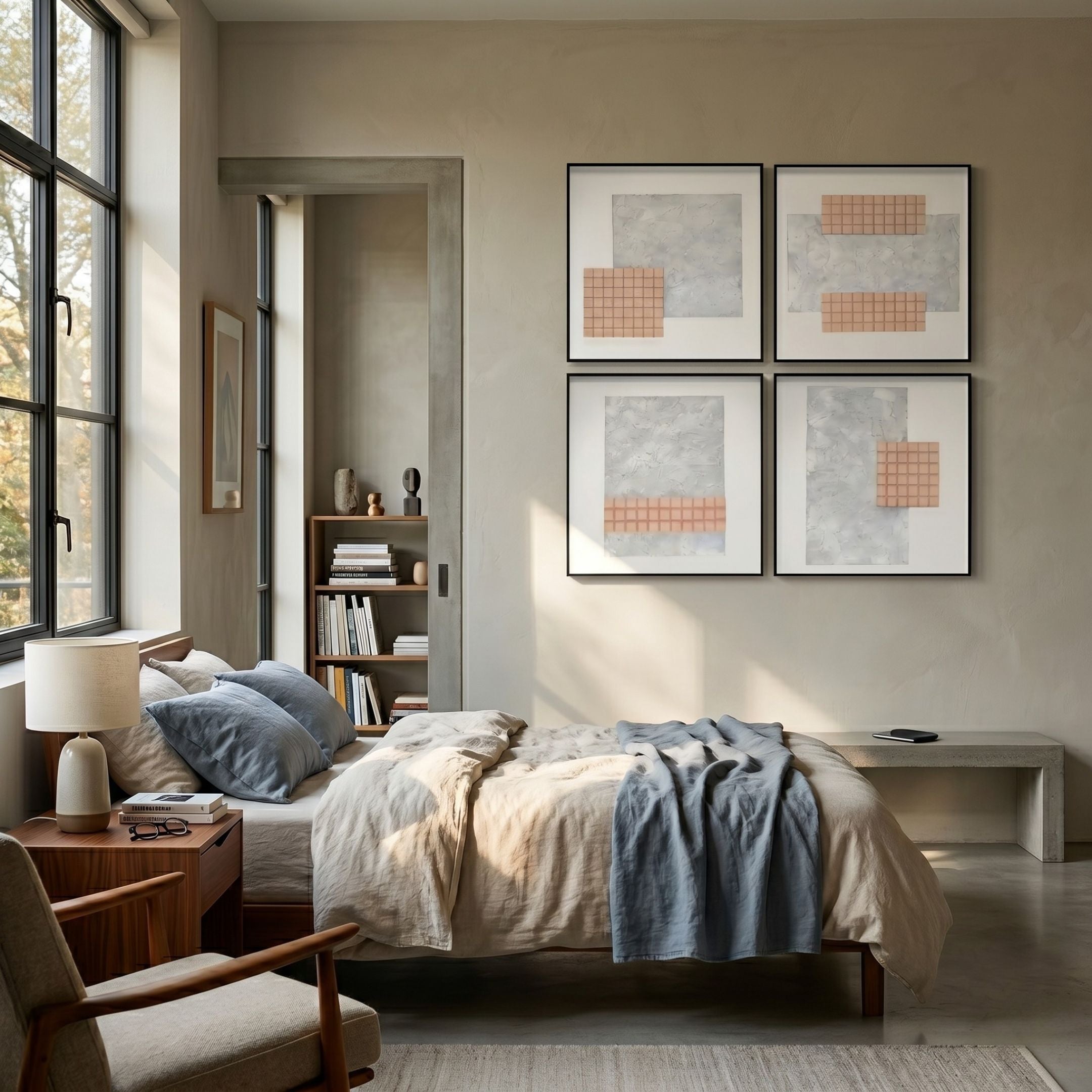 Terracube 4-Set Hand-Painted Framed Acrylic 3D Wall Art by Giant Sculptures displayed in a 2×2 grid above a bed in a sunlit modern bedroom with blue linens.
