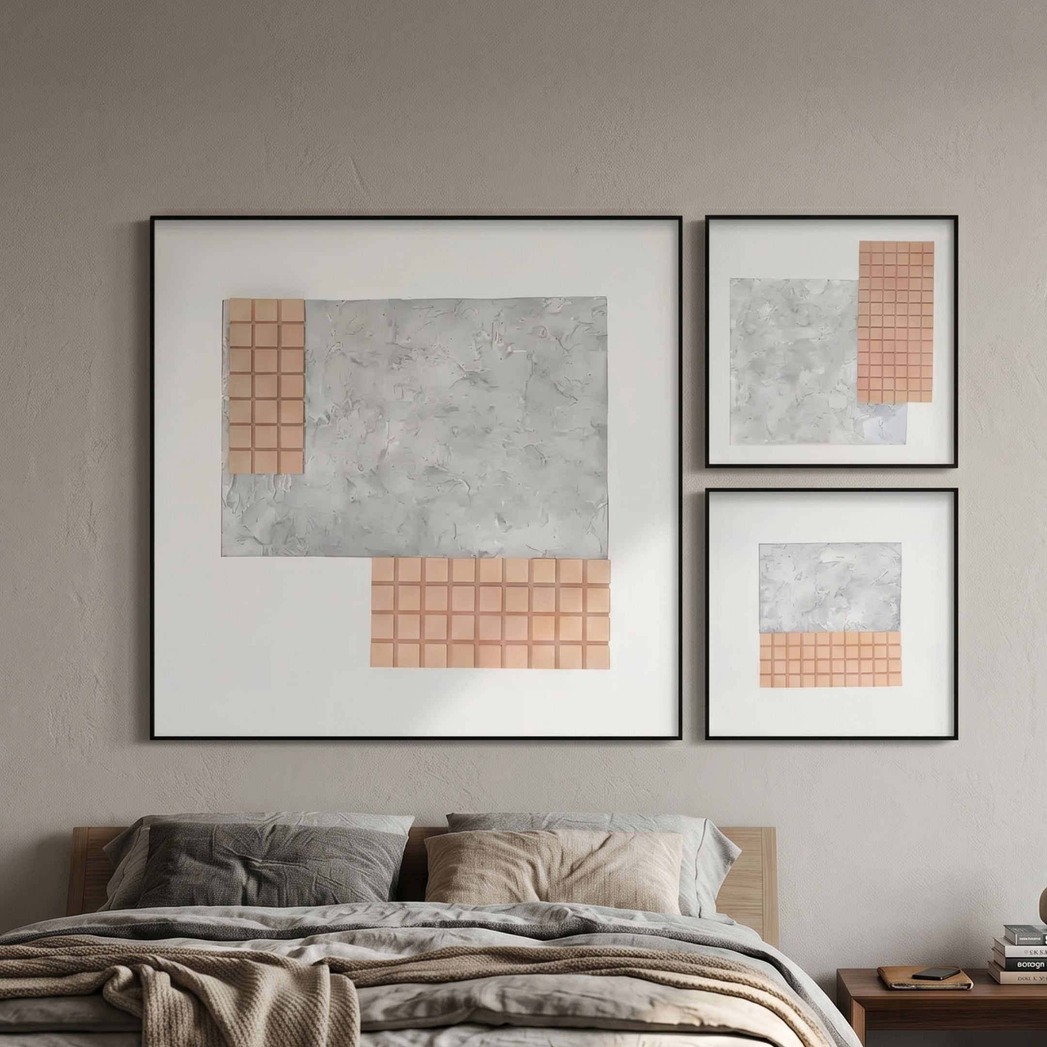 Terracube 3-Set Hand-Painted Framed Acrylic 3D Wall Art by Giant Sculptures hung above a bed, featuring grey textured panels with peach cube grids in black frames.